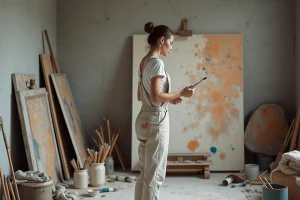 Jeune artiste contemporaine devant une grande toile abstraite dans son atelier de peinture urbain