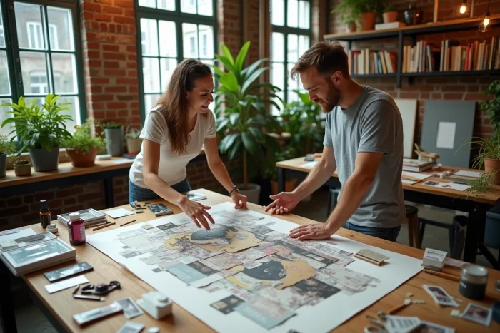 Deux artistes émergents en train de collaborer sur une œuvre mixte dans un espace créatif partagé