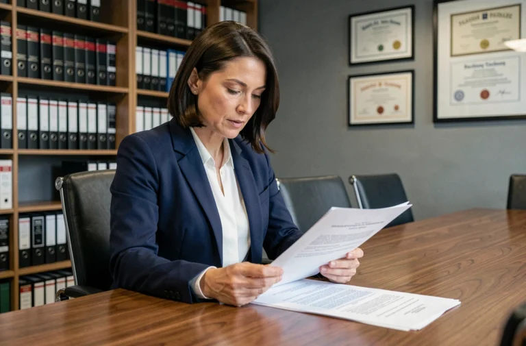 Avocate examinant un bail commercial dans un bureau juridique moderne, illustrant les obligations légales de l'article L145-1 du Code de commerce