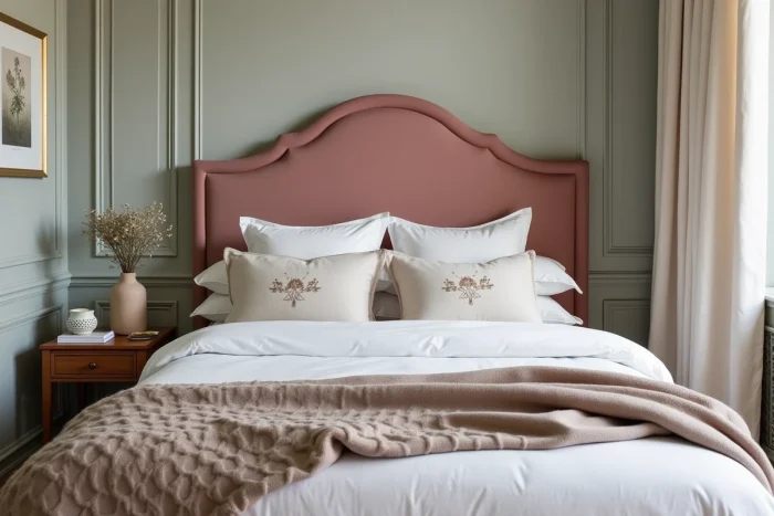 Chambre parisienne tendance avec tête de lit en velours rose poudré, linge de lit en lin blanc et déco naturelle minimaliste