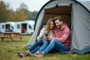Jeune couple souriant devant leur tente en camping