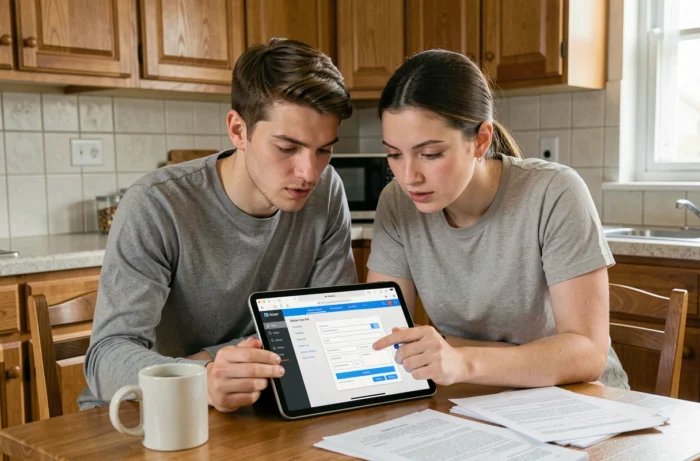 Couple de jeunes adultes remplissant ensemble un dossier Action Logement digitalisé sur une tablette dans leur cuisine