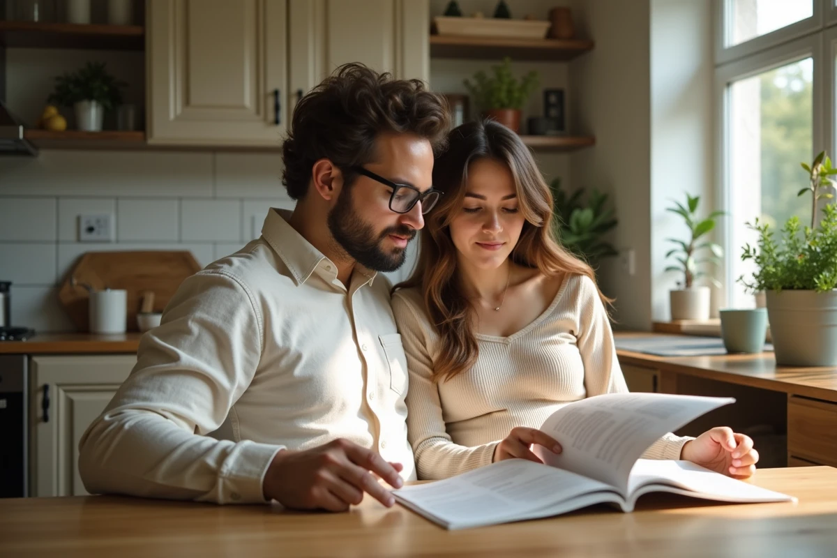 Jeune couple enceinte lisant un guide dans la cuisine