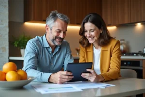 Couple d'adultes en cuisine moderne examinant des documents financiers