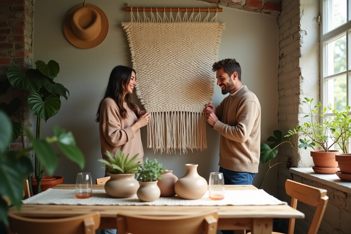 Jeune couple accrochant une décoration murale dans la cuisine