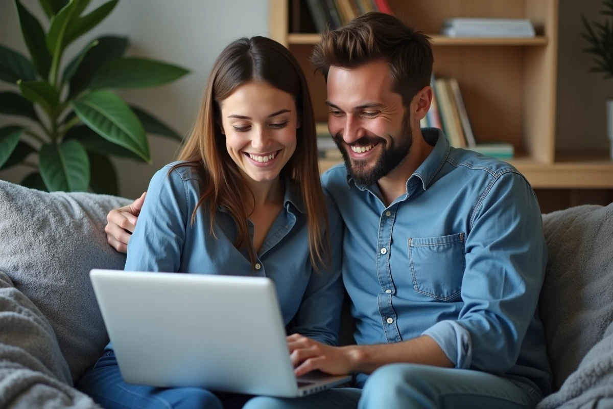 Couple regardant un ordinateur portable dans le salon