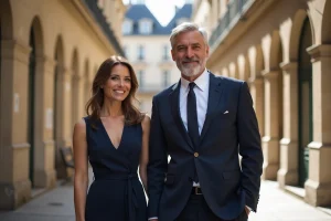 Couple souriant dans une cour parisienne élégante