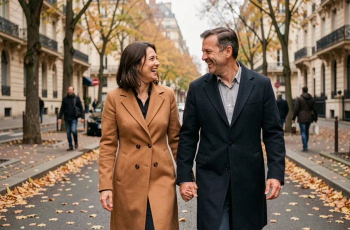 Couple se promenant main dans la main sur un boulevard parisien en automne, illustrant une histoire d'amour complice