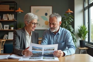 Couple d'affaires discutant d'un portfolio immobilier dans un espace moderne