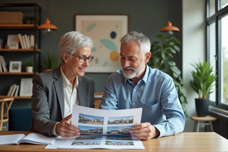 Couple d'affaires discutant d'un portfolio immobilier dans un espace moderne