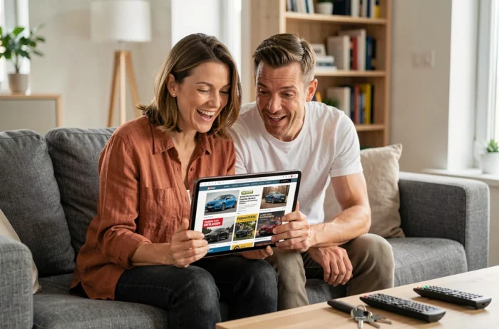 Couple consultant des tendances automobiles et promotions en ligne sur une tablette dans leur salon moderne