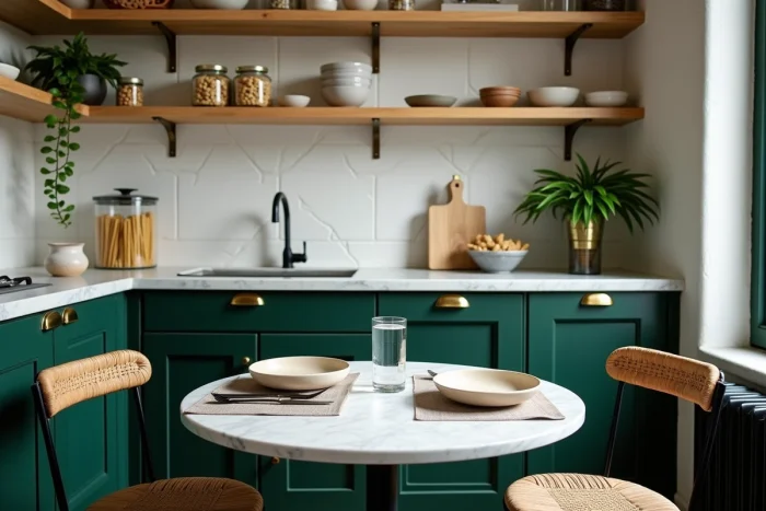 Cuisine et coin repas parisien tendance avec table bistro en marbre, cabinetry vert forêt et carrelage zellige blanc artisanal