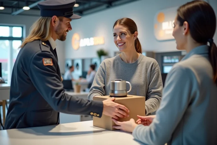 Cliente déposant son robot coupe au comptoir d'un service après-vente d'électroménager