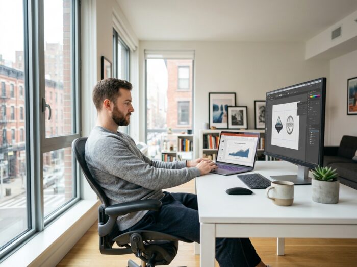 Designer graphique freelance travaillant depuis son bureau à domicile avec un laptop et un second écran dans un appartement moderne