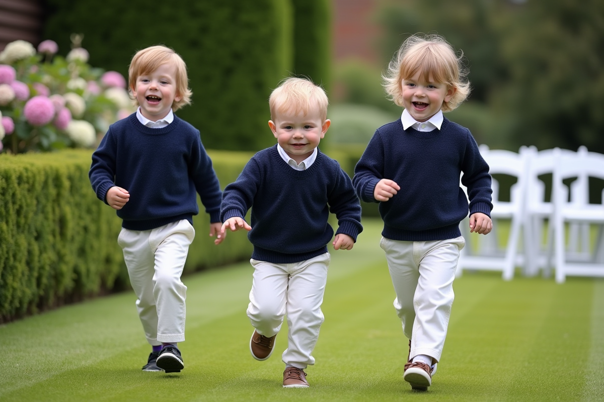 Trois enfants courent et rient dans un jardin lors d