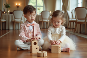 Deux enfants jouent avec des jouets en bois lors d'un mariage