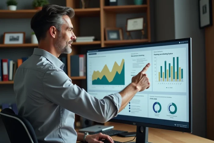 Entrepreneur consultant un tableau de bord numérique présentant des prestations pour développer son activité