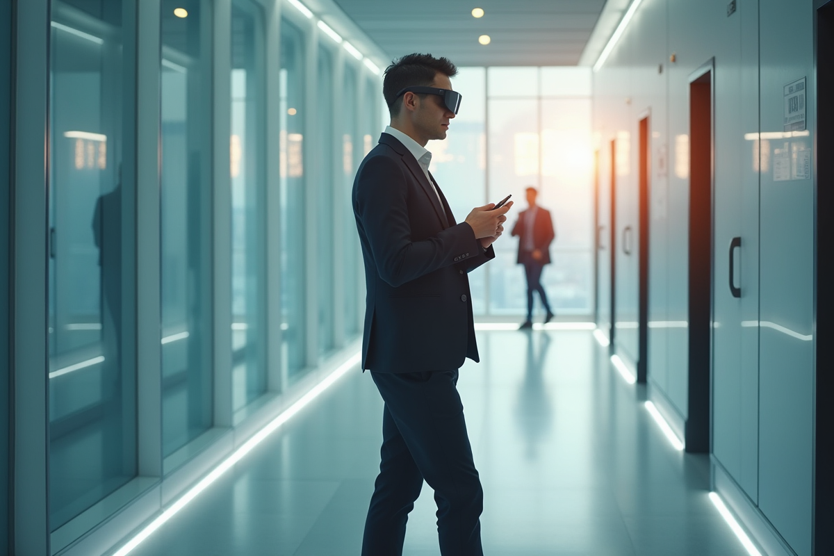 Entrepreneur utilisant un dispositif wearable dans un couloir high-tech