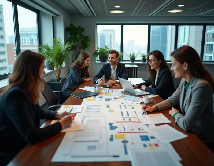 Une équipe professionnelle analysant ensemble un plan de succession de projet autour d'une table de réunion
