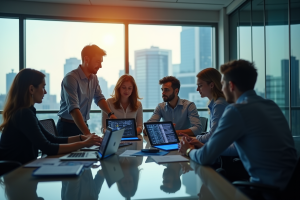Groupe de professionnels analysant des données dans un bureau moderne