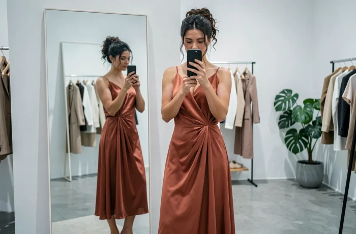 Jeune femme essayant une robe midi tendance en boutique de mode contemporaine, reflétée dans un grand miroir de cabine d'essayage