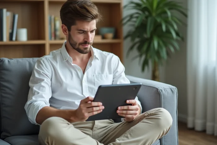 Étudiant en formation EJE en ligne sur tablette dans un appartement moderne, apprentissage à distance