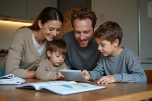 Famille de quatre autour d'une tablette pour gérer le budget