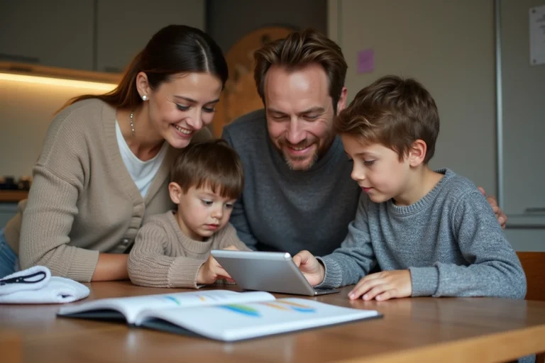Famille de quatre autour d'une tablette pour gérer le budget
