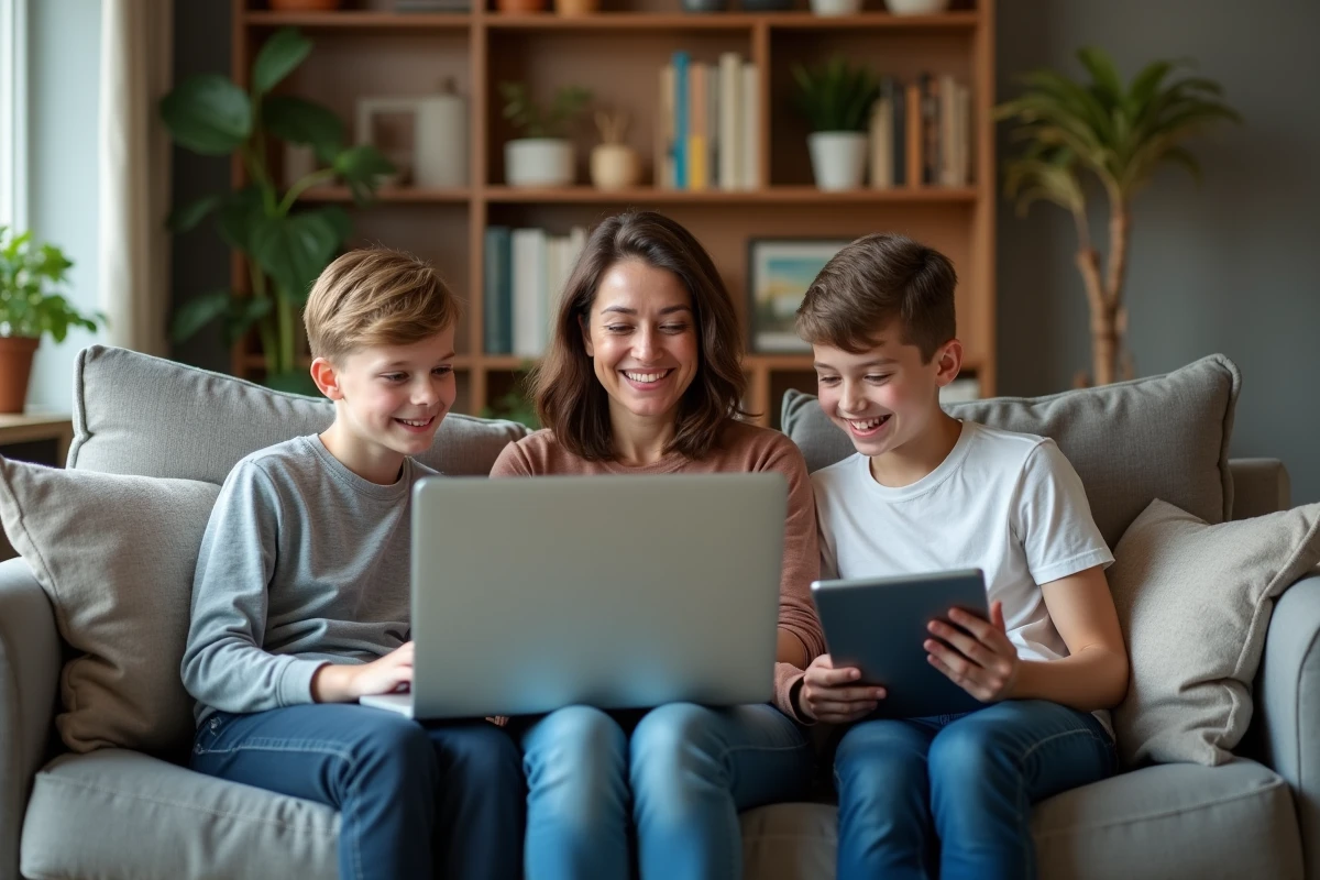 Famille discutant des actualités en ligne à la maison