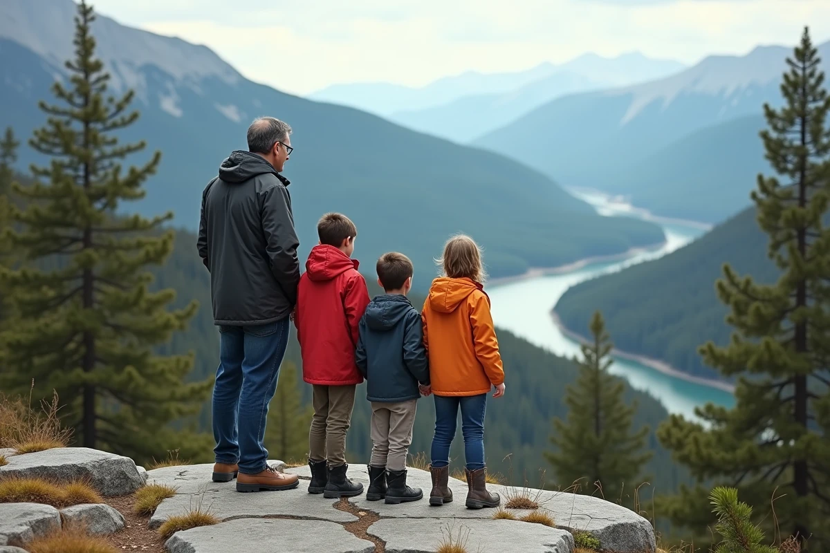 Famille en randonnée avec vue sur les montagnes