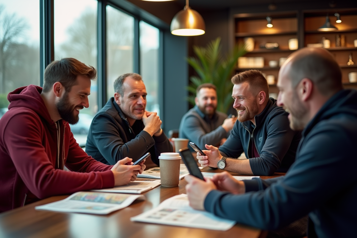 Fans de rugby discutant au café avec smartphones et journaux
