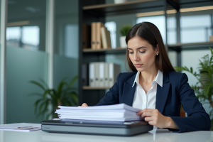 Femme d'affaires scanne des documents dans un bureau moderne
