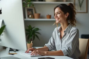 Femme utilisant WhatsApp Web pour passer un appel vidéo depuis son ordinateur de bureau à domicile