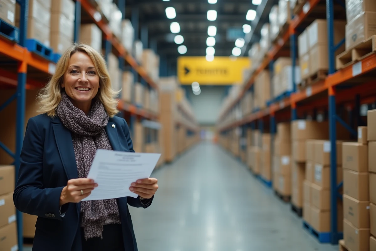 Femme dans un entrepôt tenant un document de commerce
