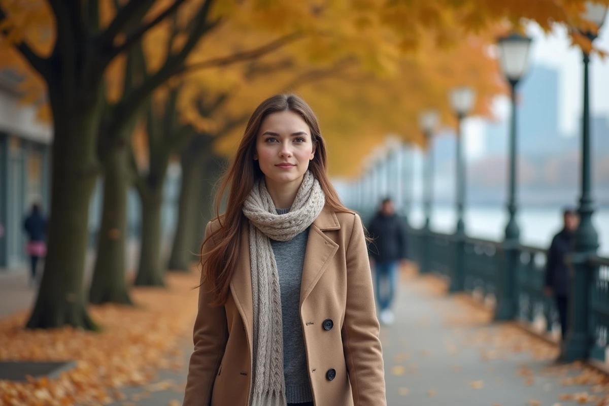 Femme marche dans une promenade urbaine en automne