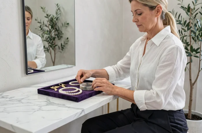 Femme élégante choisissant des bijoux statement sur un plateau en velours devant une coiffeuse en marbre moderne