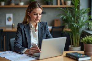 Femme en blazer consultat ses relevés bancaires au bureau