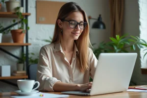 Jeune femme au bureau à domicile travaillant sur son ordinateur