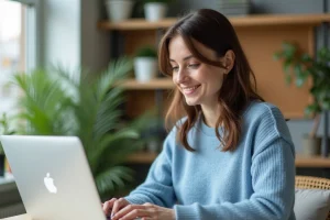 Femme concentrée travaillant sur son MacBook dans un bureau lumineux