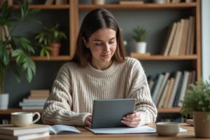 Jeune femme au bureau avec tablette et livres