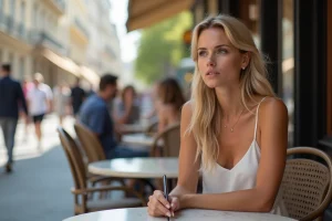 Femme blonde en tenue de tennis assise au café parisien