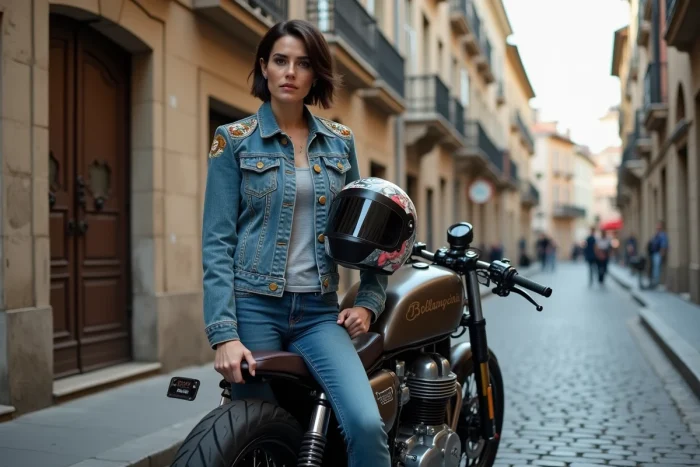 Femme pilote de café racer custom posant dans une rue pavée de Lyon avec une veste en denim brodée