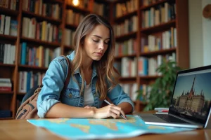 Jeune femme regardant une carte dans un bureau cosy