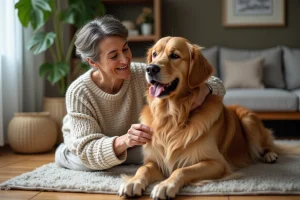Femme caressant son golden retriever dans un salon chaleureux