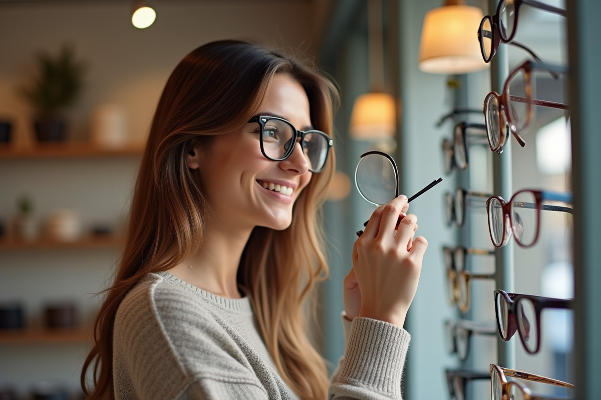 Jeune femme choisissant des lunettes dans une boutique optique