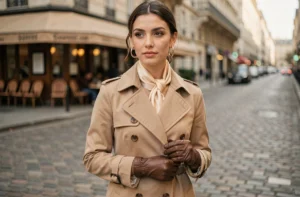 Femme élégante en trench coat beige avec foulard en soie et boucles d'oreilles dorées dans une rue parisienne pavée