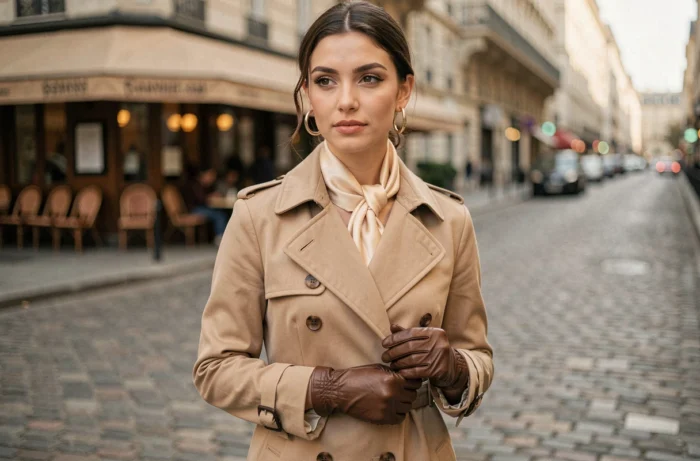 Femme élégante en trench coat beige avec foulard en soie et boucles d'oreilles dorées dans une rue parisienne pavée