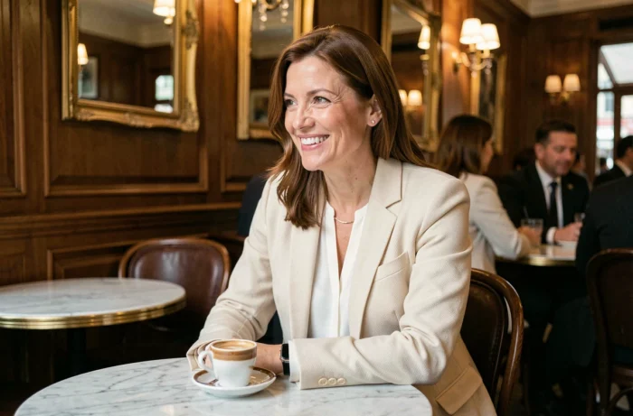 Femme élégante souriante attablée dans un café parisien, illustrant une interview de couple pour un magazine