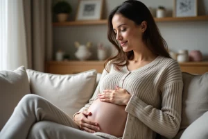 Femme enceinte assise sur un canapé dans un salon chaleureux
