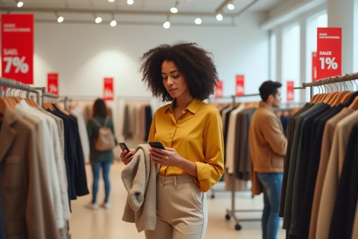 Femme comparant des étiquettes de prix rouges dans une boutique de mode moderne avec son smartphone